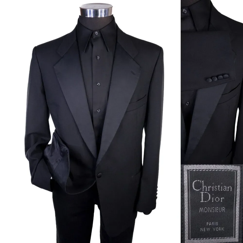 VTG Christian Dior Monsieur 42R Black Tuxedo Jacket Blazer One Button